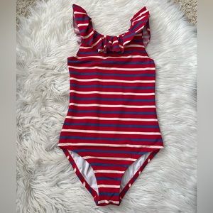 {Hanna Andersson} Striped Ruffle Trim One Piece Swimsuit in Red, Blue, Ivory - 8